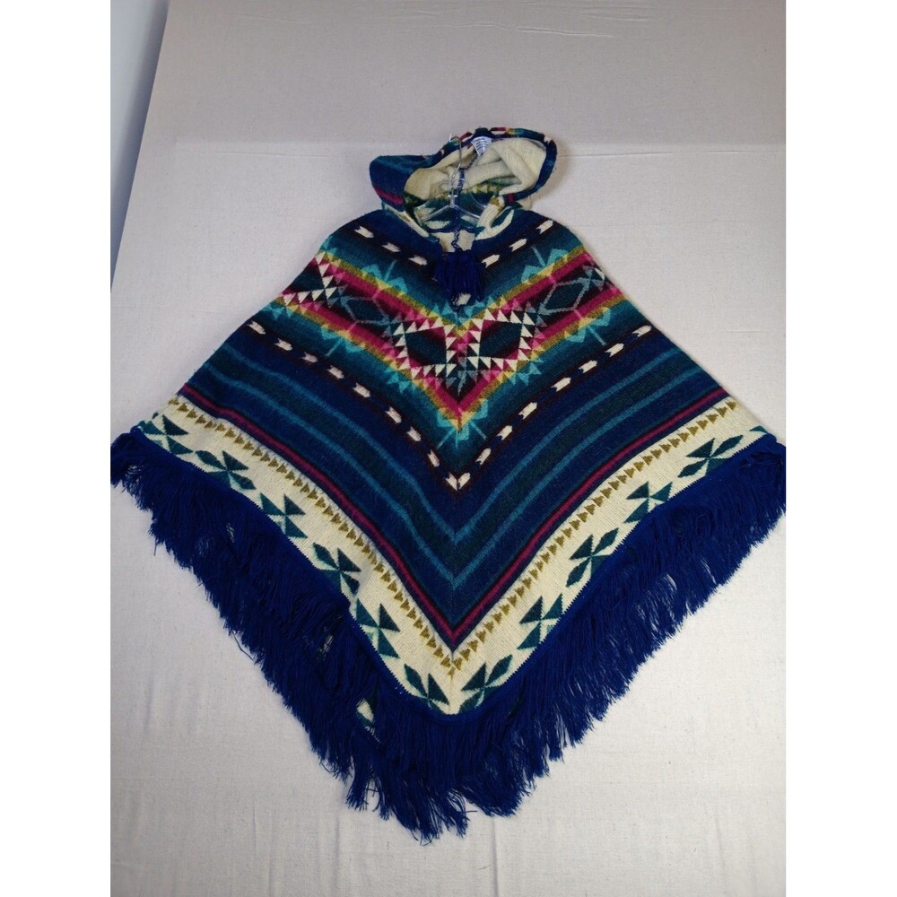 Ecuadorian Wool Blend Poncho Aztec Boho Hooded Tie Close EUC